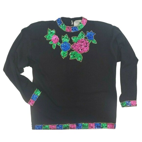 Vintage 80s 90s Sweater Black Medium Jewels Colorful Sequins Embellished Bling - Picture 2 of 5